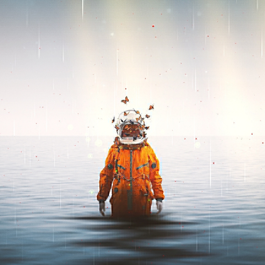 A lone astronaut standing in water beneath butterflies